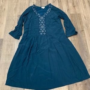 Garnet Hill Shift Dress Size 8 Teal Embroidered 3/4 Sleeve Pockets Boho Casual